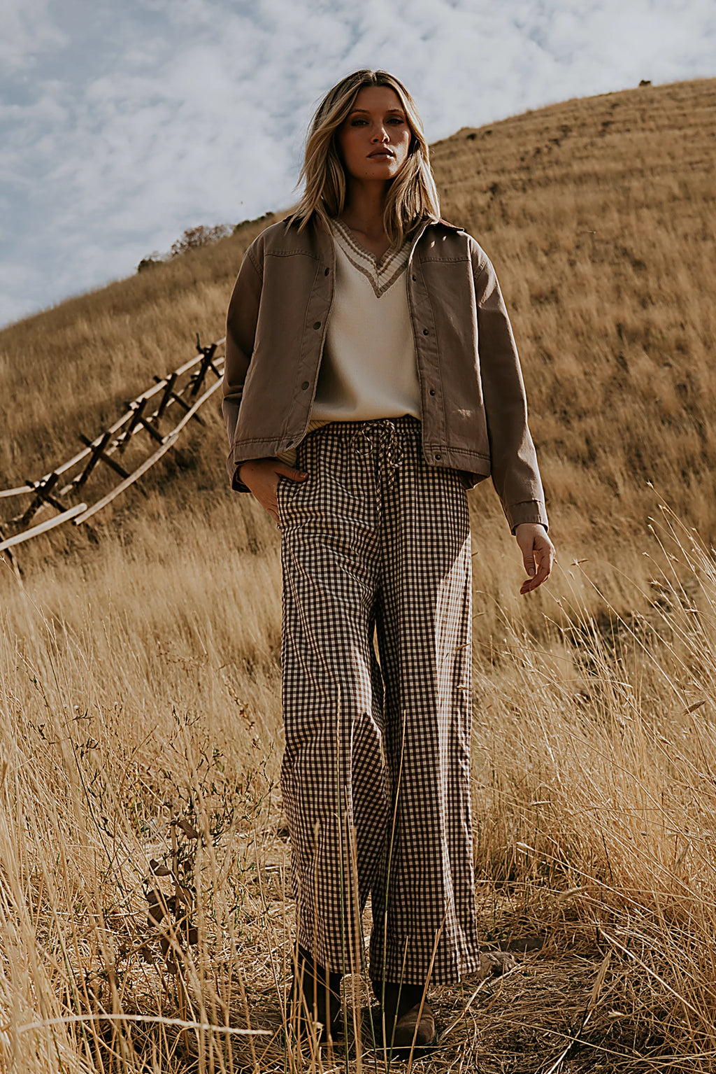 Brown Gingham Wide Leg Pants Y9509