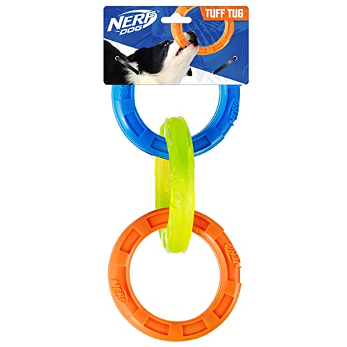 10.5in Rubber 3-Ring Tug Dog Toy, Blue/Green/Orange R177