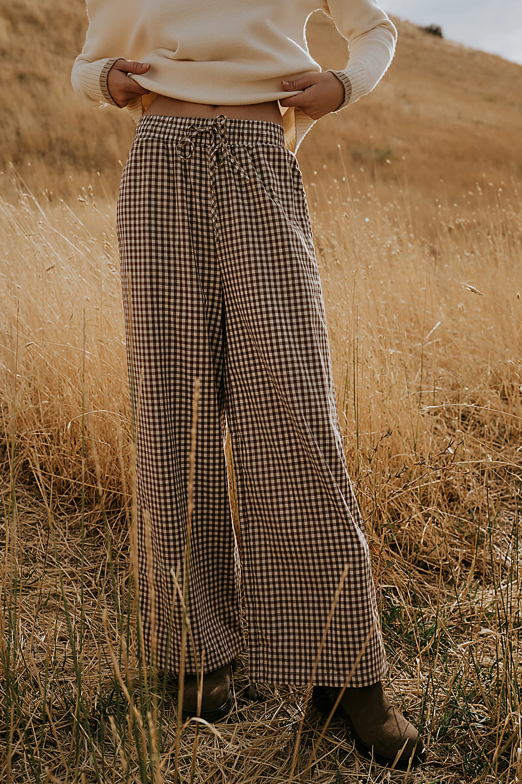 Brown Gingham Wide Leg Pants Y9509