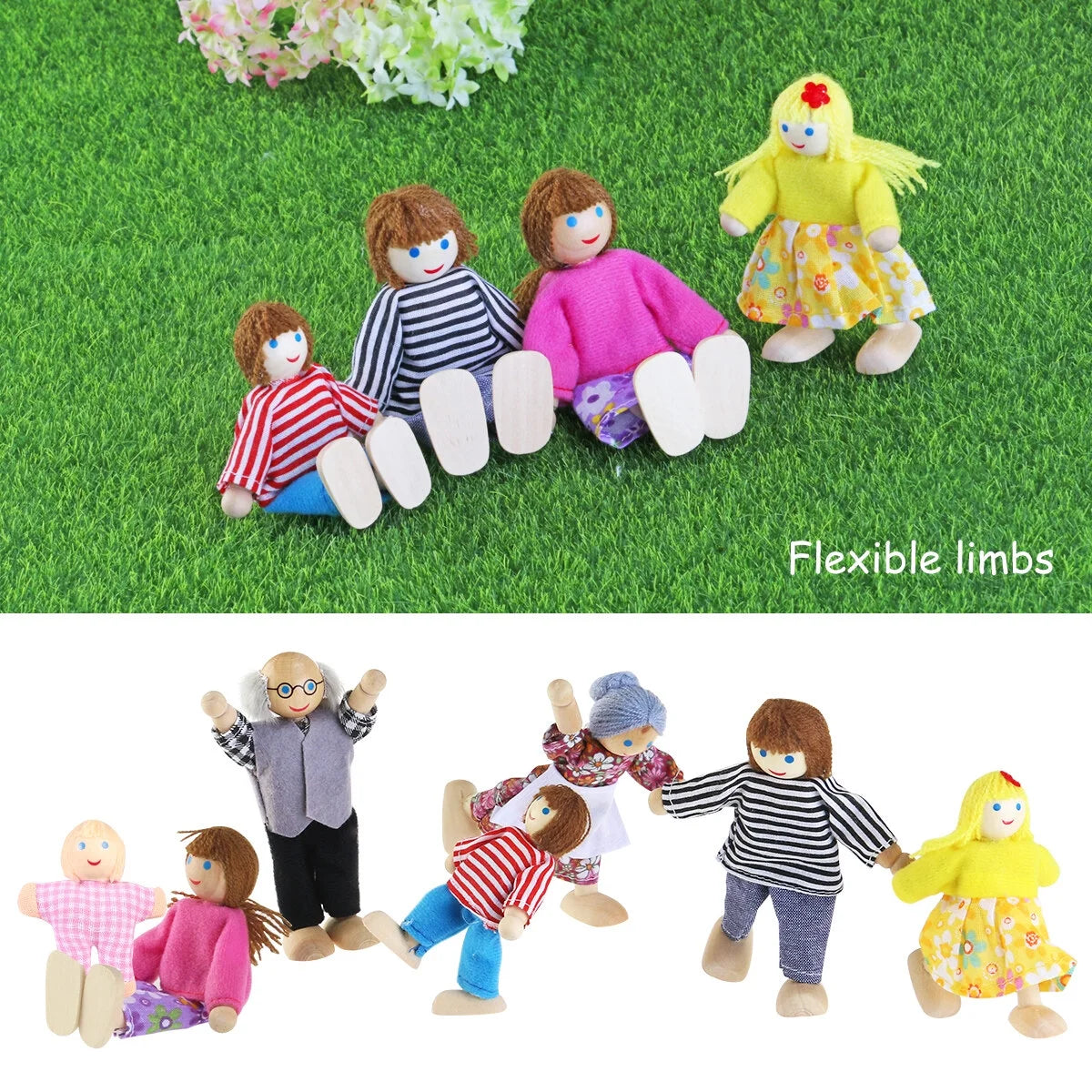 7 Pieces Wooden Dollhouse Family Set Mini People Figures B410