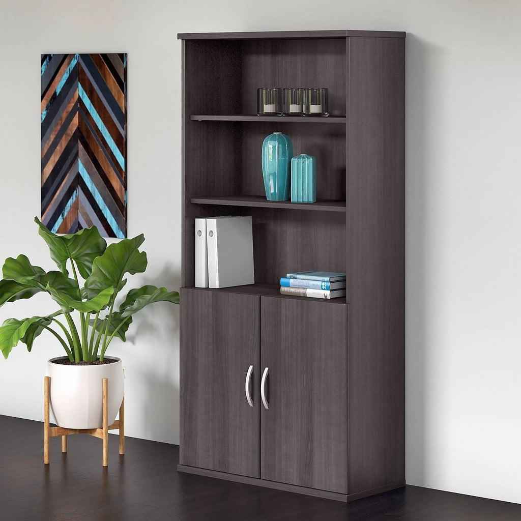 Bookcase with 5 Shelves and 2 Doors, Wood Composite, Storm Gray A9462