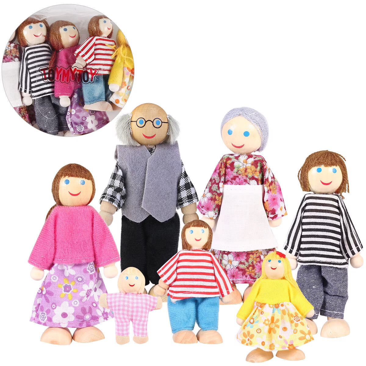 7 Pieces Wooden Dollhouse Family Set Mini People Figures B410
