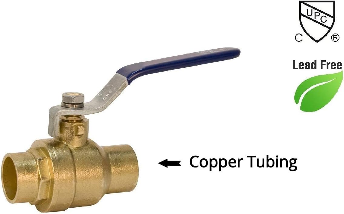 1/2" Sweat Solder C X C Brass Full Port Water Stop Shut Off Ball Valve, Lead Free, Quarter Turn, Pack of 2 Z34772