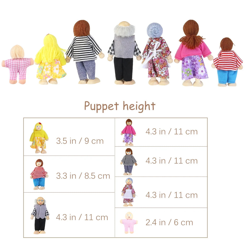 7 Pieces Wooden Dollhouse Family Set Mini People Figures B410