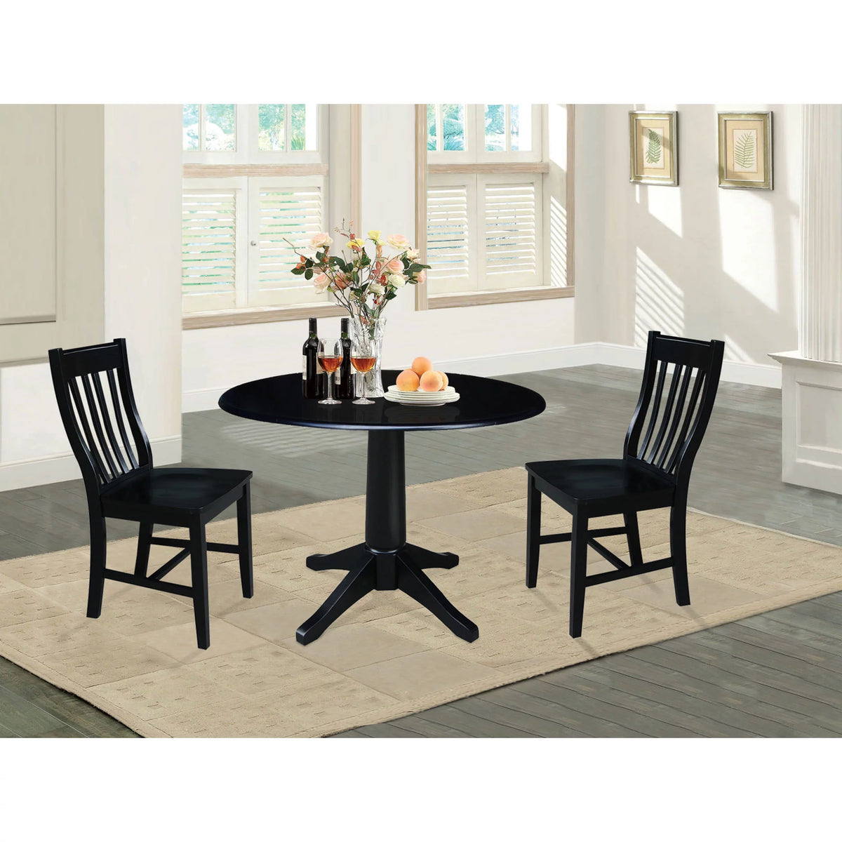 42" Round Solid Wood Dual Drop Leaf Pedestal Table with 2 Chairs, Black P851