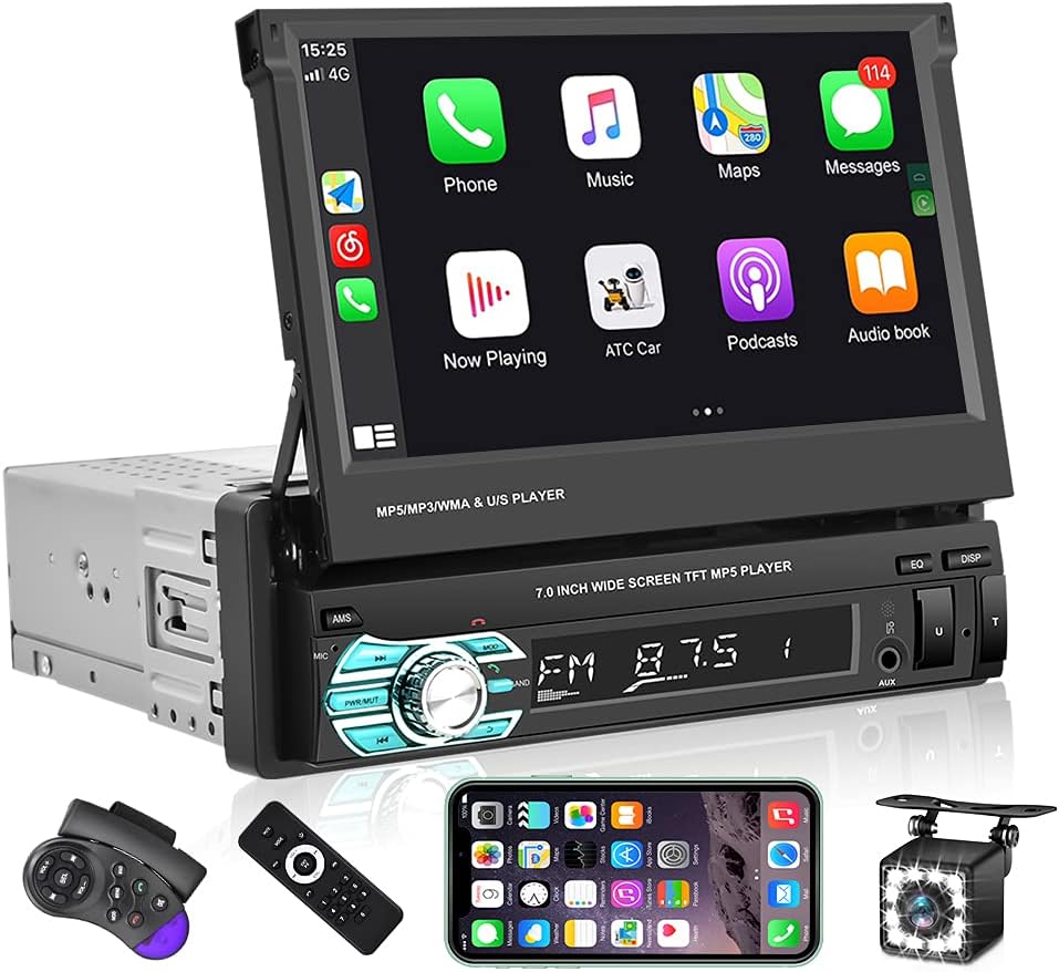 Single Din Car Stereo with CarPlay, 7 Inch Flip Out Touchscreen Car Radio, Bluetooth FM L908427