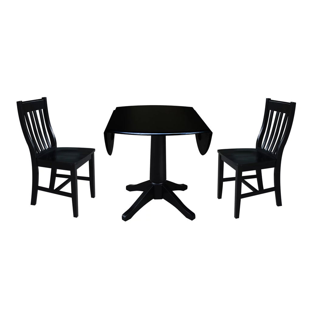 42" Round Solid Wood Dual Drop Leaf Pedestal Table with 2 Chairs, Black P851