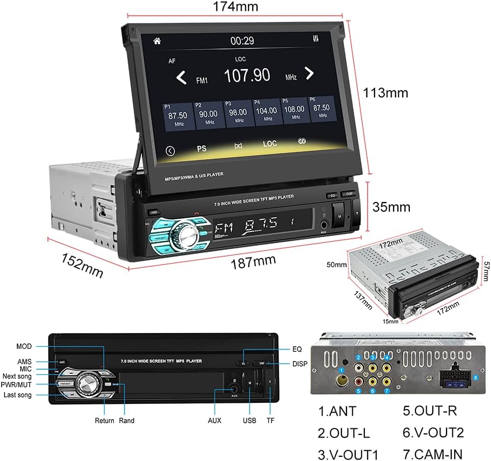 Single Din Car Stereo with CarPlay, 7 Inch Flip Out Touchscreen Car Radio, Bluetooth FM L908427