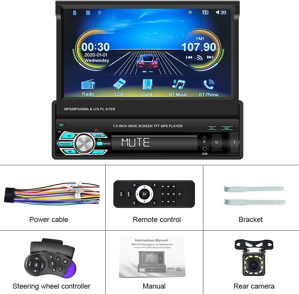Single Din Car Stereo with CarPlay, 7 Inch Flip Out Touchscreen Car Radio, Bluetooth FM L908427