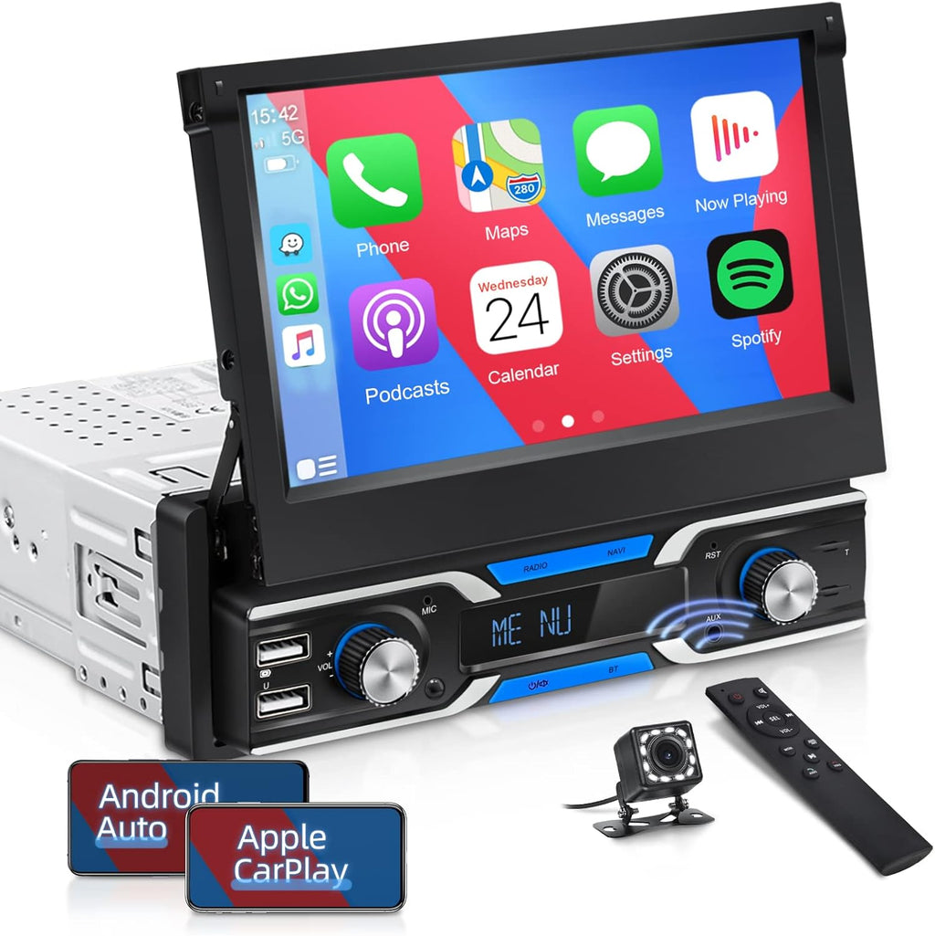 Single Din Car Stereo with CarPlay, 7 Inch Flip Out Touchscreen Car Radio, Bluetooth FM L908427