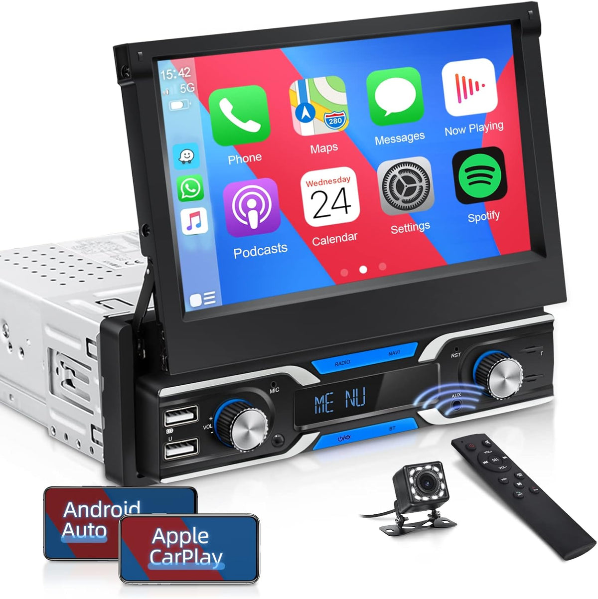Single Din Car Stereo with CarPlay, 7 Inch Flip Out Touchscreen Car Radio, Bluetooth FM L908427