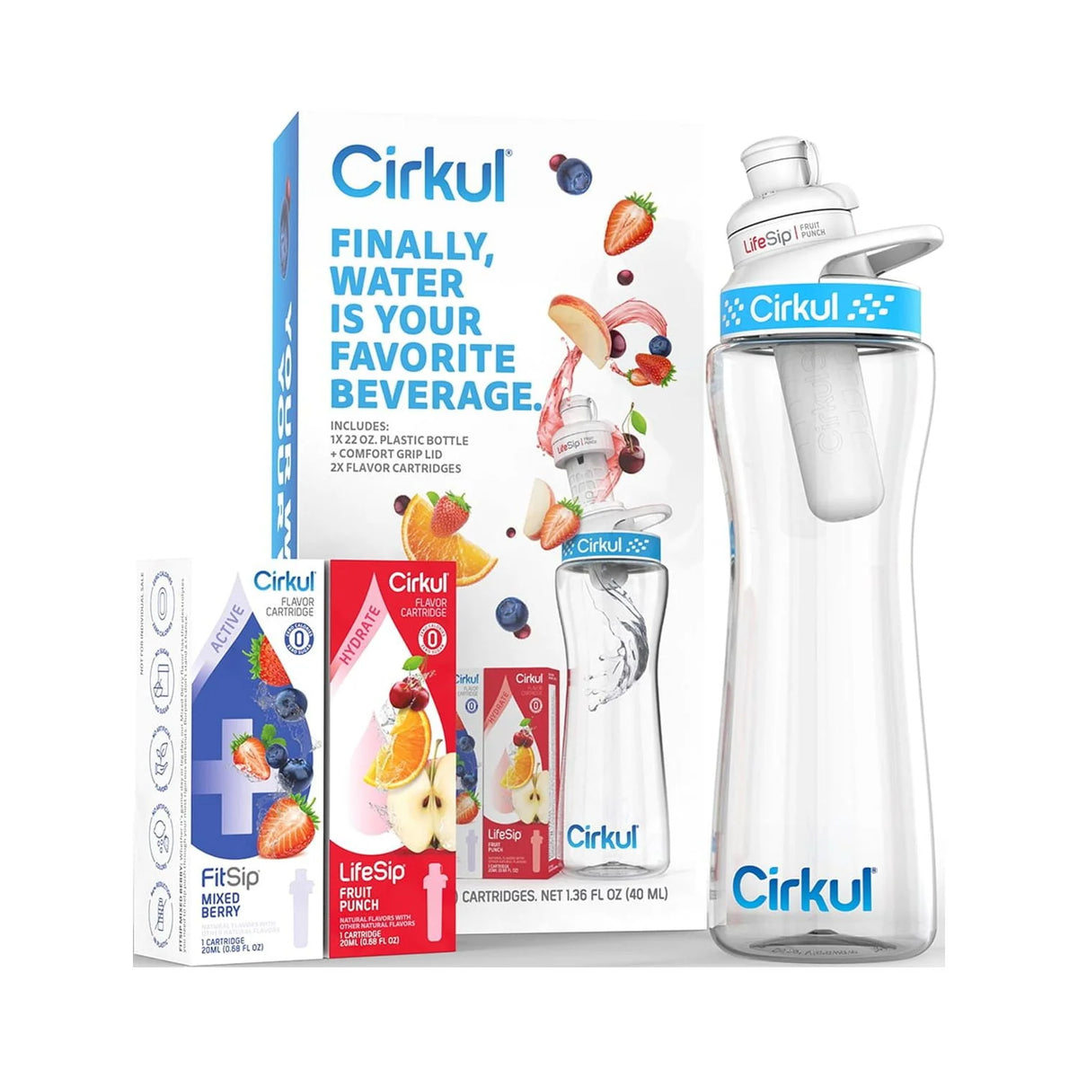 22oz Plastic Water Bottle Starter Kit with Blue Lid and 2 Flavor Cartridges J261