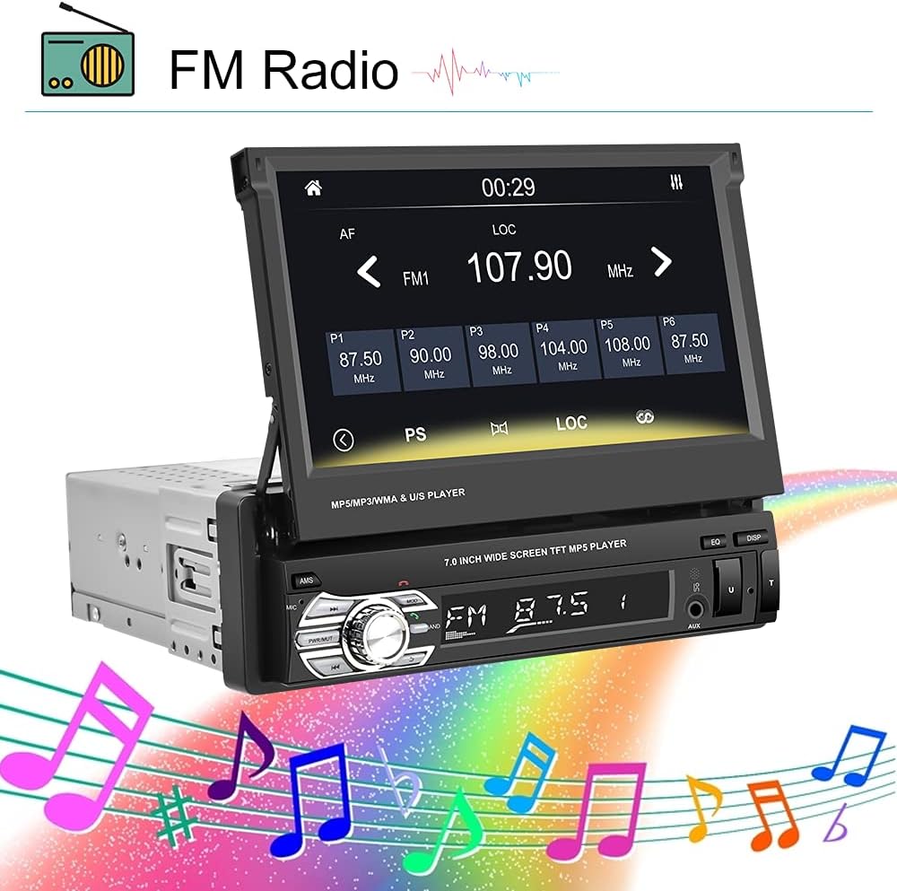 Single Din Car Stereo with CarPlay, 7 Inch Flip Out Touchscreen Car Radio, Bluetooth FM L908427