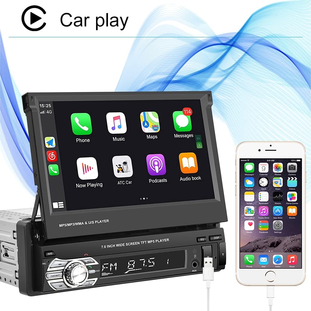 Single Din Car Stereo with CarPlay, 7 Inch Flip Out Touchscreen Car Radio, Bluetooth FM L908427
