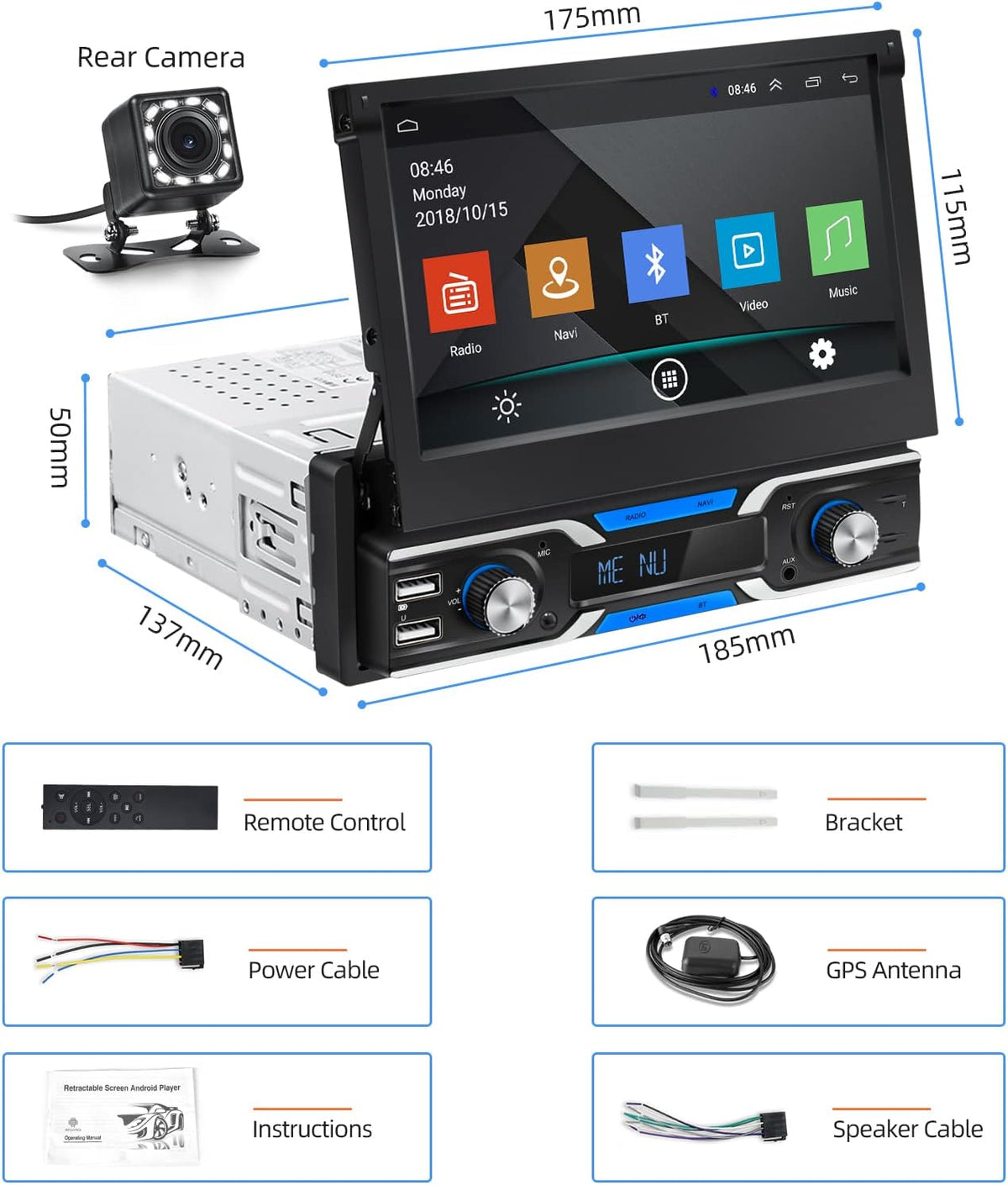Single Din Car Stereo with CarPlay, 7 Inch Flip Out Touchscreen Car Radio, Bluetooth FM L908427