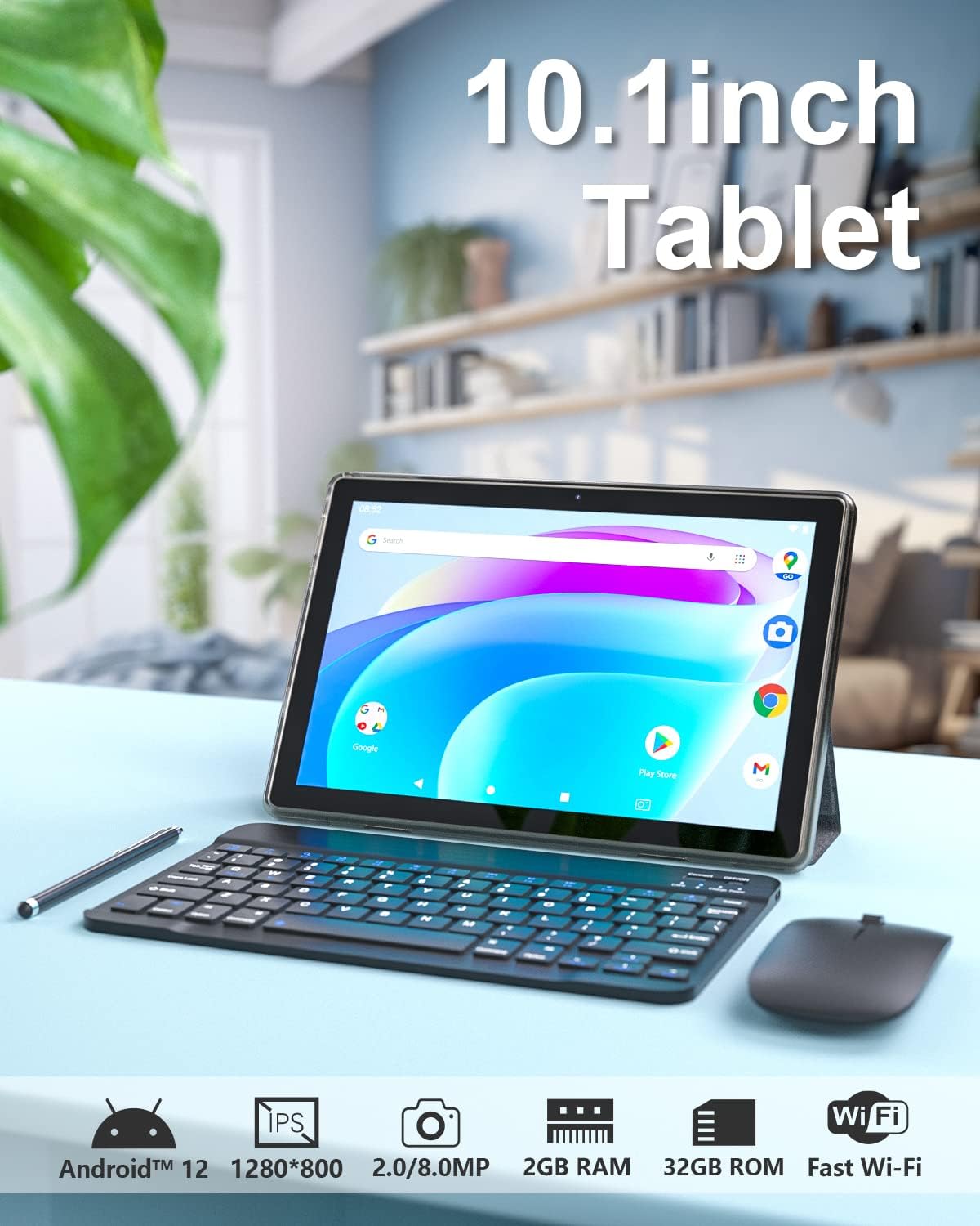 10.1 Inch Android 12 Tablet with Keyboard, 2GB RAM, 32GB ROM, 512GB Expandable Z612594