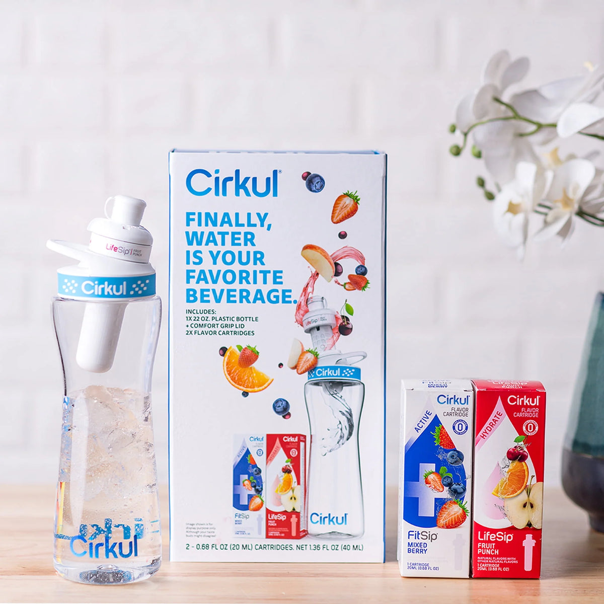 22oz Plastic Water Bottle Starter Kit with Blue Lid and 2 Flavor Cartridges J261