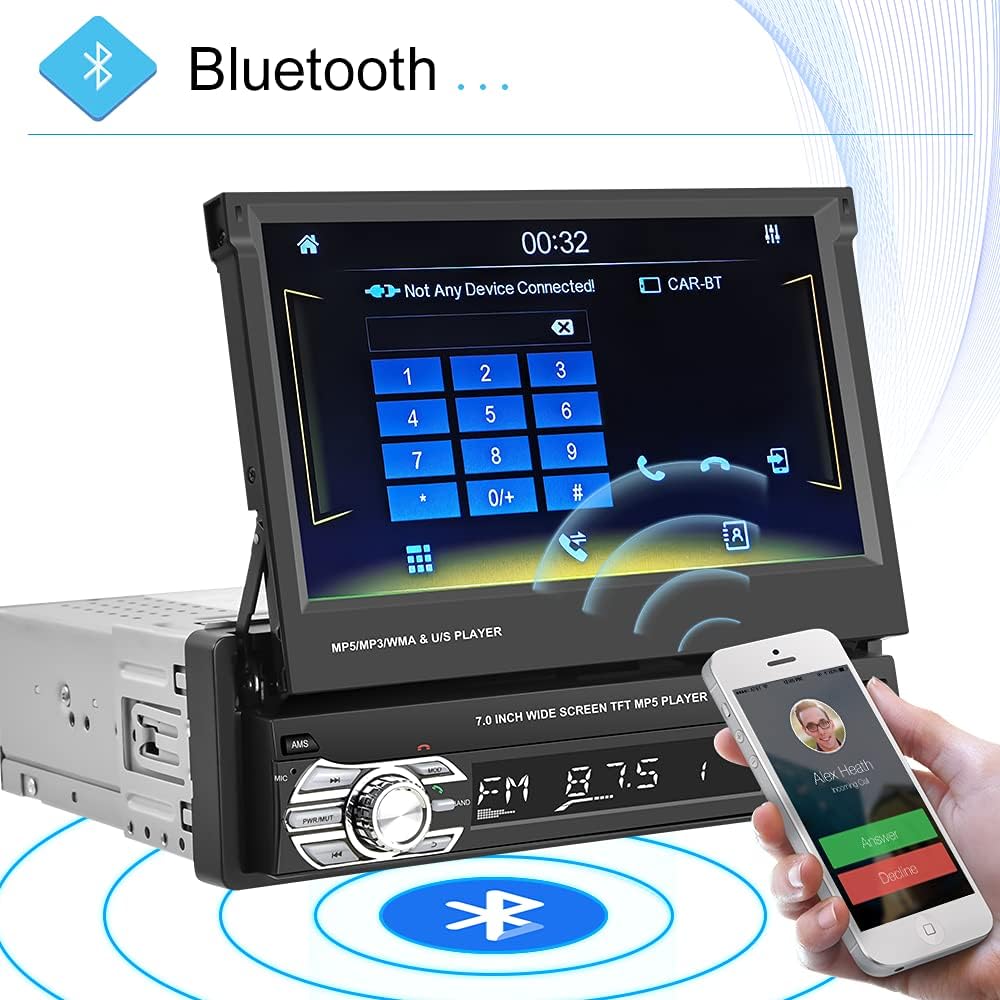 Single Din Car Stereo with CarPlay, 7 Inch Flip Out Touchscreen Car Radio, Bluetooth FM L908427
