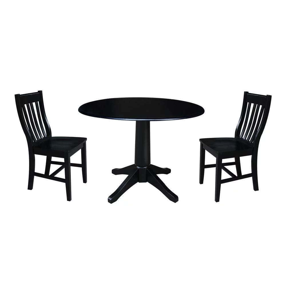 42" Round Solid Wood Dual Drop Leaf Pedestal Table with 2 Chairs, Black P851