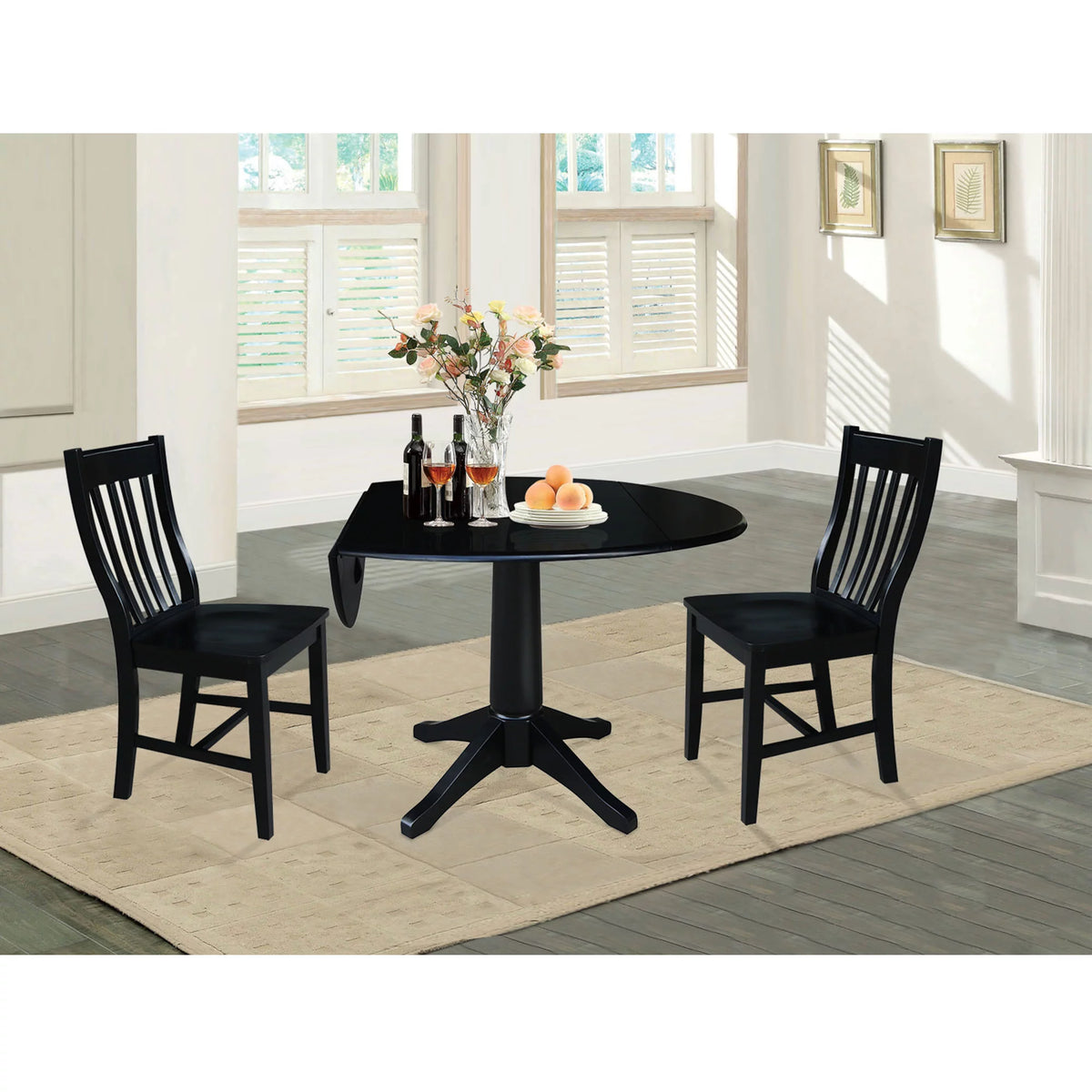 42" Round Solid Wood Dual Drop Leaf Pedestal Table with 2 Chairs, Black P851