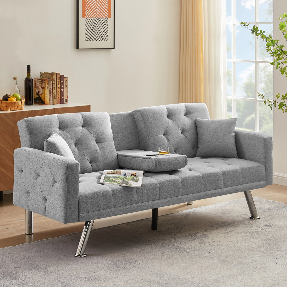 76 Inch Green Linen Convertible Futon Sofa Bed with Cup Holders G207162